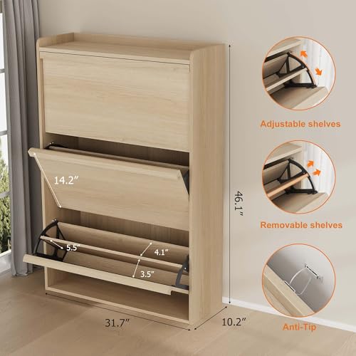 GarveeHome Shoe Cabinet with 3 Flip Drawers, Wooden Shoe Organizer Cabinet with Adjustable Shelf, Shoe Storage for Entryway, Hidden Shoe Cabinet for Hallway, Living Room, Natural Oak GarveeHome