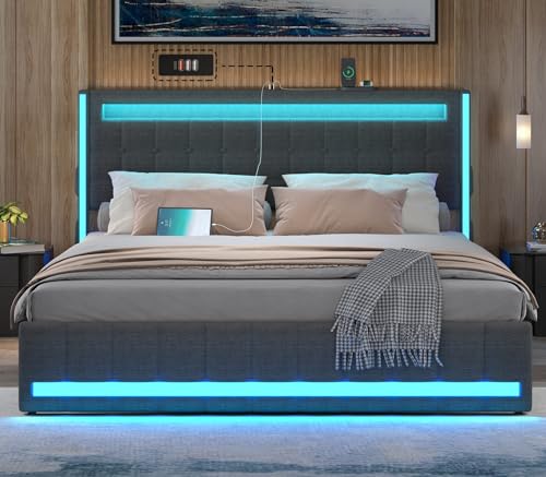 Dnxao Dark Grey Queen Upholstered Bed Frame with LED Lights and USB Charging Station - WoodArtSupply