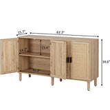 Finnhomy 4 Door Sideboard Buffet Cabinet, Kitchen Storage Cabinet with Rattan Decorated Doors, Cupboard Console Table, Boho Accent Liquor Cabinet, Bar Cabinet, 62.3X 15.7X 34.6 Inches, Natural Finnhomy
