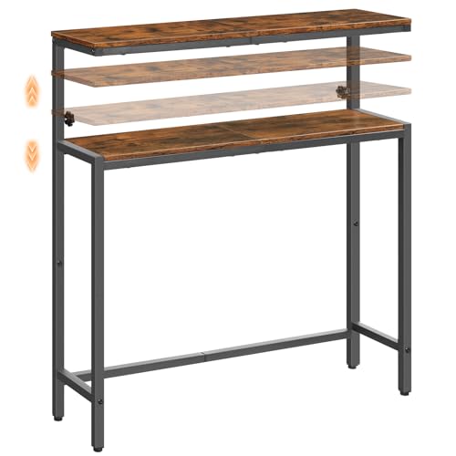 HOOBRO Narrow Console Table with Adjustable Height (31.5"-37.4"), High Entryway Table, Skinny Behind Couch Table with 2 Tier Shelf, Sofa Table for Hallway, Livingroom, Rustic Brown and Black BF96XG01 HOOBRO