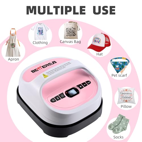 BetterSub Heat Press Machine for T-Shirts, Portable Heat Press, Iron Press for Sublimation and HTV Vinyl Shirt Press Machine for Hat, Bags, Heating Transfer Projects (8.27"×9.06" Pink) BetterSub