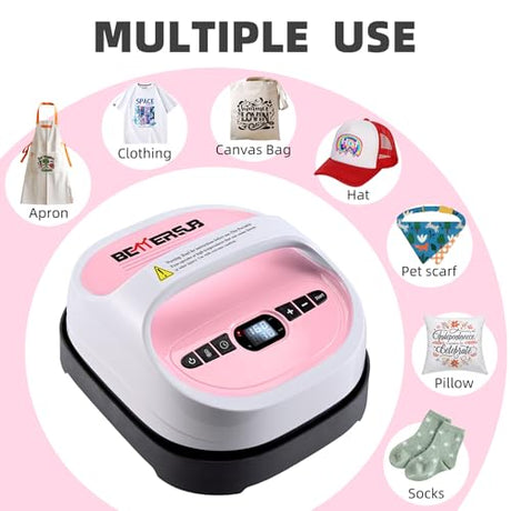 BetterSub Heat Press Machine for T-Shirts, Portable Heat Press, Iron Press for Sublimation and HTV Vinyl Shirt Press Machine for Hat, Bags, Heating Transfer Projects (8.27"×9.06" Pink) BetterSub