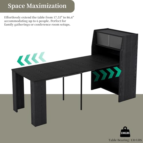 86.6" Extendable Dining Table Seats 4-6, Foldable Kitchen Table with Storage Cabinet for Small Spaces, Multifunctional Console Table with Built-in Shelf, Modern Black Finish (Black Table Only) HIPIHOM