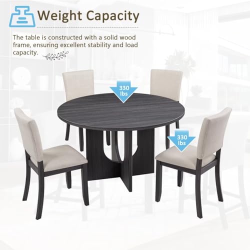 JIJIWANG 47.3" Round Dining Set with 4 Upholstered Dining Chairs, Modern Dining Table Set for 4, 5-Piece Round Dining Table Set for Living Room, Kitchen, Antique Black & Beige JIJIWANG