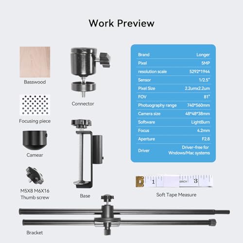 Longer Lightburn Camera for Laser Engraver,5MP Precise Positioning,740 * 560mm Photography Area,Real-Time Multi-Material Engraving Preview Longer