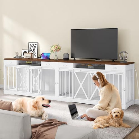 YITAHOME 63 Inch Double Dog Crate TV Stand with Charging Station, Heavy Duty Wooden Dog Crate Furniture for 2 Dogs, Dog Kennel Indoor Furniture Double Sliding Barn Door Design Ideal for 2 Dogs, White YITAHOME