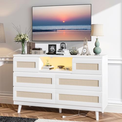 GarveeHome Natural Rattan Dresser for Bedroom with LED Light and Charging Station, 6 Drawer Double Dressers, Modern Wooden Dresser Chest, Beside Table for Closet, Nursery, Living Room, White - WoodArtSupply