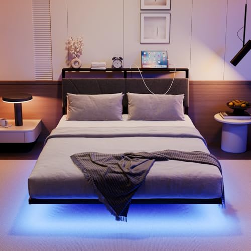 HOJINLINERO Floating Full Size Bed Frame with Headboard&Storage Shelf,Ergonomic Full Bed Frames with USB Charging&LED Lights,Platform Bed Frame Noise-Free Metal Slats | Modern Bedroom Design HOJINLINERO