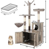 Timberer Litter Box Enclosure with Cat Tree, Wooden Cat House with Cat Tree Tower, Hidden Cat Litter Box Furniture with Scratching Post, Modern Cat Condo, Grey Timberer
