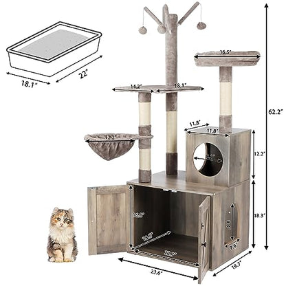 Timberer Litter Box Enclosure with Cat Tree, Wooden Cat House with Cat Tree Tower, Hidden Cat Litter Box Furniture with Scratching Post, Modern Cat Condo, Grey - WoodArtSupply