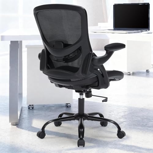 Office Chair, Ergonomic Desk Chair with Adjustable Lumbar Support, Comfy Breathable Mesh Chair with Wheels and Flip-Up Armrests, Executive Chairs for Home Office Comfortable Chair with Rolling Swivel SOERGO