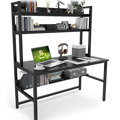 Aquzee 47-Inch Modern Ergonomic Computer Desk with Hutch and Storage Shelves in Black - WoodArtSupply