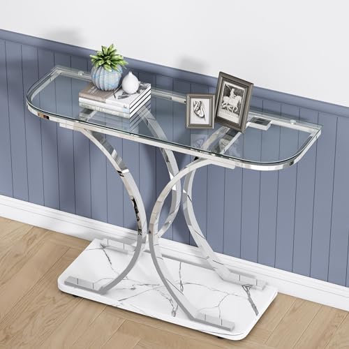 O&K FURNITURE Silver Glass Console Tables for Entryway,Glass Entryway Table with Curved Frames and Marble Base, Modern Entrance Table Sofa Table for Living Room,Hallway,Silver Glass&White Marble O&K FURNITURE