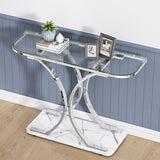 O&K FURNITURE Silver Glass Console Tables for Entryway,Glass Entryway Table with Curved Frames and Marble Base, Modern Entrance Table Sofa Table for Living Room,Hallway,Silver Glass&White Marble O&K FURNITURE