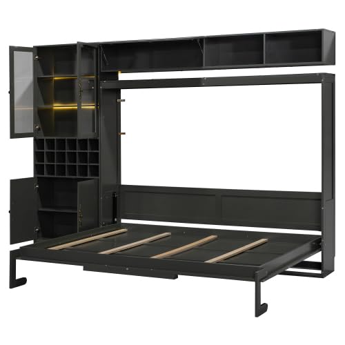 CITYLIGHT Queen Size Murphy Bed with Wine Rack, Storage Cabinet and Shelves, Wooden Wall Bed Frame with Sofa, USB Ports and LED Lights (Gray) CITYLIGHT