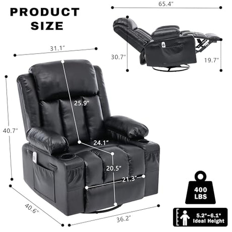GAOHAPY Rocker Recliner Chair with Heat and Massage,360°Swivel Nursery Recliner Chair for Adults,Faux Leather Recliner Single Sofa Seat with 2 Cup Holders and Side Pocket (Black) GAOHAPY
