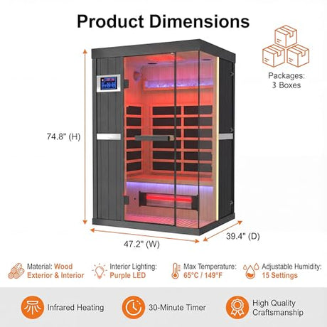 QUYZE 1-2 Person Ultra Low EMF Infrared Sauna, Indoor Wood Sauna with Red Light Therapy & Bluetooth Speakers, Hemlock Home Saun Room/w Control Panel and Tempered Glass Door for Home (Black) QUYZE