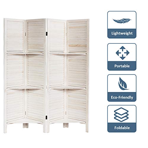 Giantex 4 Panel Room Divider with Shelve, Folding Privacy Screens, Wood Divider for Room Separation, 5.6 FT Foldable Wall Partition for Home Office Bedroom, White Giantex