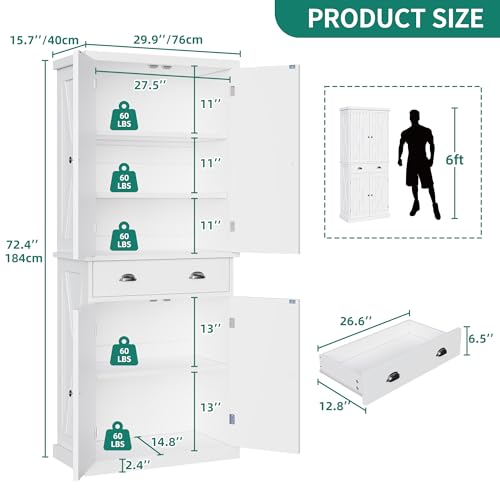 DWVO 72'' Tall Farmhouse Kitchen Pantry with Adjustable Shelves, Wood Kitchen Storage Cabinets with Doors & Drawer, Freestanding Cupboard for for Kitchen, Dining Room, Living Room, White DWVO