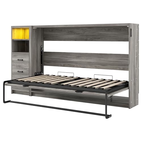 SOFTSEA Twin Horizontal Murphy Bed with Storage, Hideaway Murphy Bed Cabinet with Drawers & LED Light, Farmhouse Hidden Wall Bed Frame Space-Saving for Guest Room Bedroom Office, Grey SOFTSEA