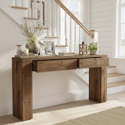 LITTLE TREE Solid Wood 63 Inches Console Table with 2 Drawers, Vintage Brown Sofa Table Behind Couch for Living Room, Long Hallway Foyer Entryway Table for Entrance LITTLE TREE