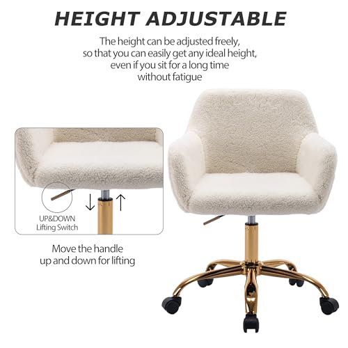 KCC Faux Fur Office Desk Chair, Comfy Swivel Armchair with Wheels, Upholstered Fuzzy Vanity Chair, Adjustable Height, White KCC