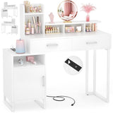Besiost Vanity Desk, Small Vanity Desk with Power Outlet, Makeup Desk with Drawers and Cabinets, Vanity Set with Storage Shelves for Bedroom, No Mirror, White Besiost