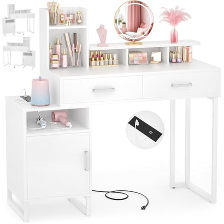 Besiost Vanity Desk, Small Vanity Desk with Power Outlet, Makeup Desk with Drawers and Cabinets, Vanity Set with Storage Shelves for Bedroom, No Mirror, White Besiost