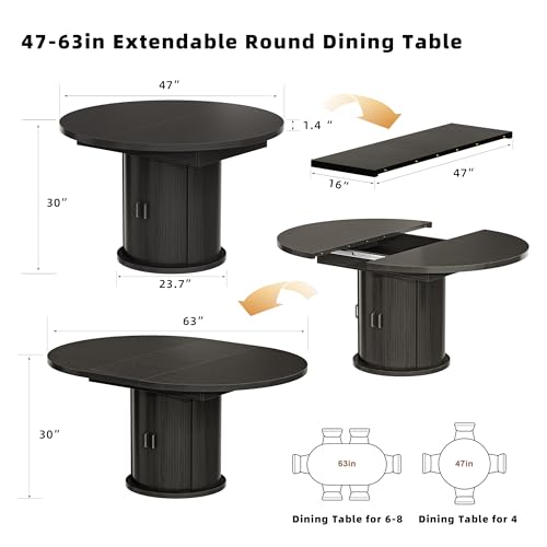 CABZOON 47-63in Extendable Round Dining Table for 4-8 Modern Round Kitchen Table Circle Dining Table with 2-Tier Storage Shelf, Space Saving Expandable Wood Oval for Living Room Walnut Black CABZOON