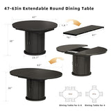 CABZOON 47-63in Extendable Round Dining Table for 4-8 Modern Round Kitchen Table Circle Dining Table with 2-Tier Storage Shelf, Space Saving Expandable Wood Oval for Living Room Walnut Black CABZOON