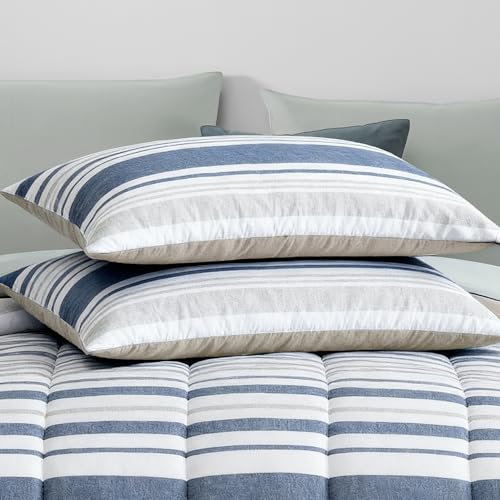 Monbix Full Size Comforter Set - 7 Pieces Bed in a Bag Full, Ocean Blue-Stripe Bedding Sets, All Seasons Comforter Bed Set with Sheets, Pillowcases & Shams Monbix