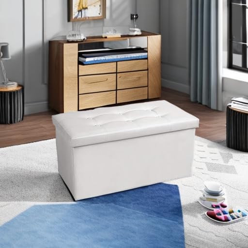 COSYLAND Ottoman Bench with Storage - 30x15x15in Folding Leather Ottoman, Rectangle Foot Stool Foldable Storage Chest Ottoman Footrest Footstool Collapsible with Lid for Bedroom Living Room White COSYLAND