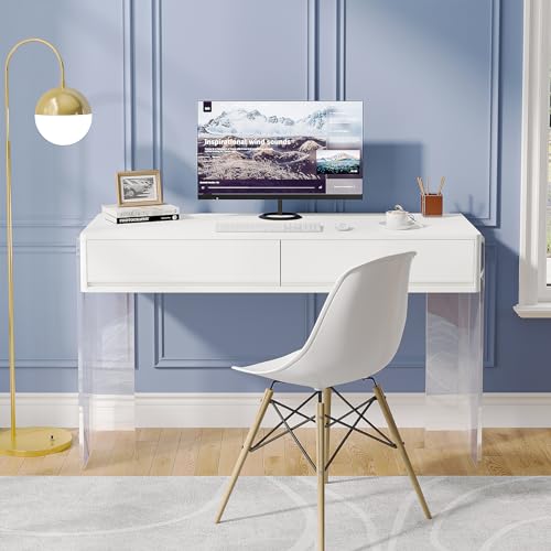 Tribesigns Computer Desk with 2 Drawers, Home Office Desk with Acrylic Legs, Modern White Desk with Storage, Makeup Vanity Desk for Bedroom Tribesigns