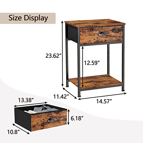 Nightstands Set of 2, Industrial End Table with Fabric Drawer and Storage Shelf, Retro Bedside Tables Organizer, Side for Living Room Bedroom, Rustic Brown Wooden Look Black Metal Frame