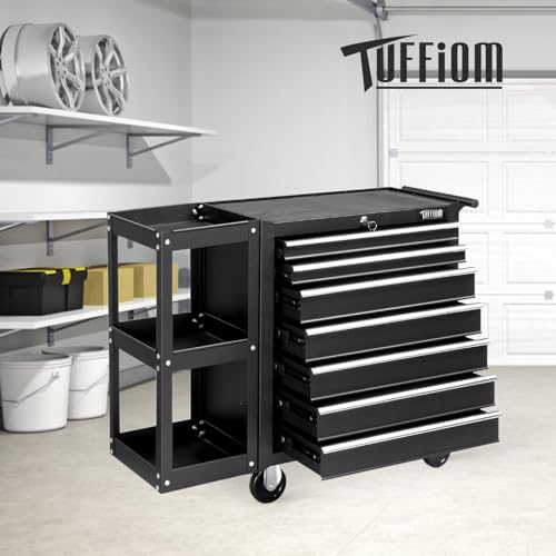 TUFFIOM 7-Drawer Rolling Tool Chest w/Lock & Key, Tool Storage Side Cabinet with Side Shelves Wheels, Top Cushion & Drawer Liners, Tool Organizer Box for Garage, Warehouse & Repair Shop, Black TUFFIOM