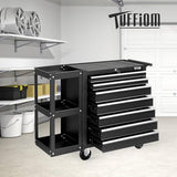 TUFFIOM 7-Drawer Rolling Tool Chest w/Lock & Key, Tool Storage Side Cabinet with Side Shelves Wheels, Top Cushion & Drawer Liners, Tool Organizer Box for Garage, Warehouse & Repair Shop, Black TUFFIOM
