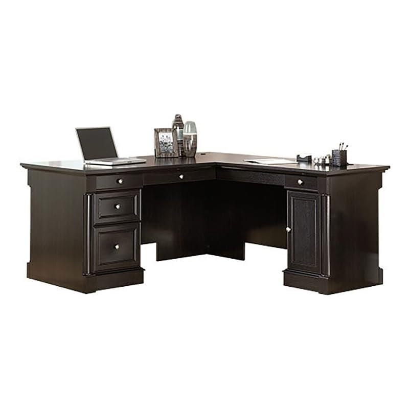 BOWERY HILL L-Shape Home Office Executive Desk with Large Drawers, Letter Size Hanging File Drawer and CPU Tower in Wind Oak Finish BOWERY HILL