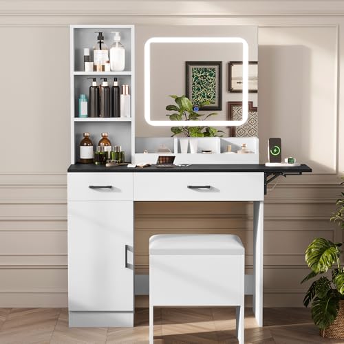 Esmlada Farmhouse Makeup Vanity Desk with Mirror and Lights, Vanity Desk Table Set with Storage Bench, Power Outlet, for Bedroom, Black Esmlada