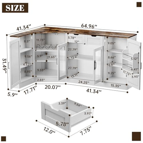 L-Shaped Kitchen Buffet Storage Cabinet - Corner White Sideboards and Buffets with Storage Drawer & Door, 65'' Long Farmhouse Coffee Bar with LED & Wine Rack, Dining Room Islands for Kitchen (White) Gyfimoie