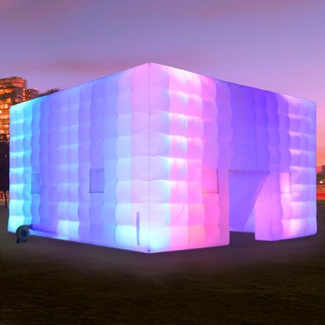 Inflatable Cube Tent Nightclub Party Tents with Blower, 26FT Large Space Outdoor Marquee House LED Wall Wash Lights for Exhibition Birthday Coporates, White BoldBlur