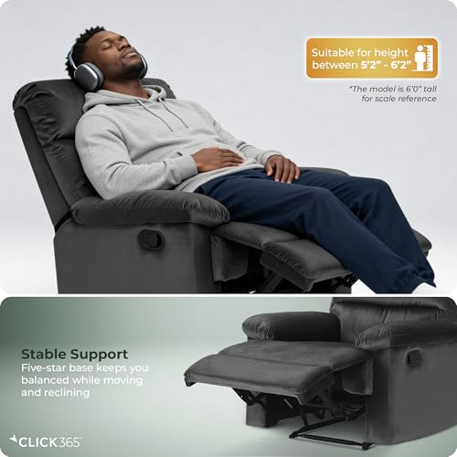 Click365 Davis Graphite Gray Recliner Chair, Upholstered Push-Back Recliner with Padded Arms, Living Room Lounge Chair for TV, Reading or Gaming