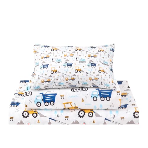 lasoftan Kids Sheet Set Twin Size 3 Pcs, Boys Sheet Set with Blue Excavator Car Pattern，Kids Boys Twin Fitted Sheet，Breathable & Silky Soft Microfiber Fitted Sheet lasoftan