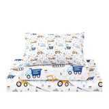 lasoftan Kids Sheet Set Twin Size 3 Pcs, Boys Sheet Set with Blue Excavator Car Pattern，Kids Boys Twin Fitted Sheet，Breathable & Silky Soft Microfiber Fitted Sheet lasoftan