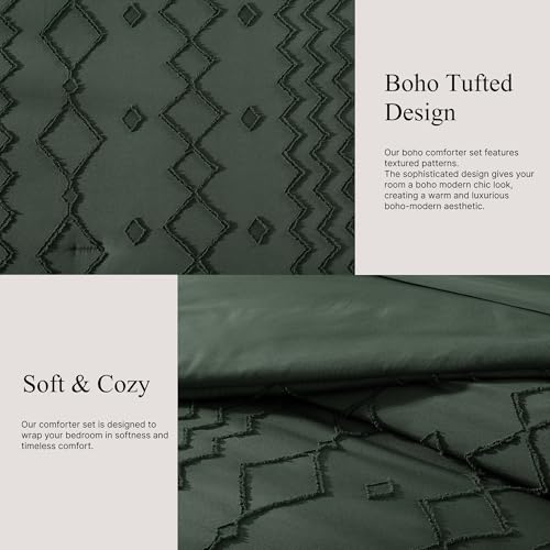 AMBERSPACE Queen Comforter Set Dark Green, Tufted Boho Bedding Farmhouse Bed Set, All Season 7 Pieces Bed in a Bag with Sheets, Pillowcases & Shams AMBERSPACE