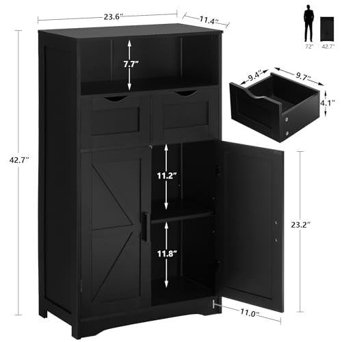 WEENFON Black Floor Cabinet with 2 Doors & 2 Drawers – Stylish Bathroom Storage with Adjustable Shelves - WoodArtSupply