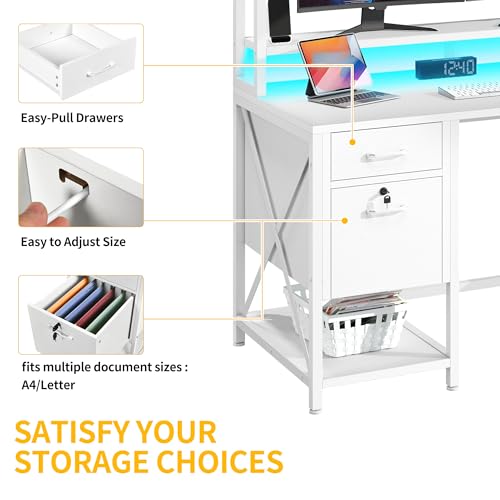DWVO Computer Desk with Drawers & Hutch, 59.1" Office Desk with Power Outlets & LED Lights, Home Office Desk with Storage Shelves, White DWVO