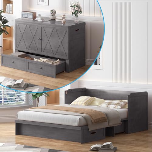 PUREMIND Murphy Bed Queen, Modern Murphy Cabinet Bed with USB Charging Station & Large Storage Drawer, Space-Saving Full Foldable Platform Bed for Guest Bedroom (Gray) PUREMIND