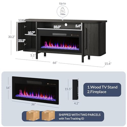 BELLEZE 66" TV Stand with 36" Electric Fireplace, Wood Console Table for TVs up to 75 Inches, Entertainment Center with Storage Cabinets for Living Room, Bedroom - Portman (Espresso Black)