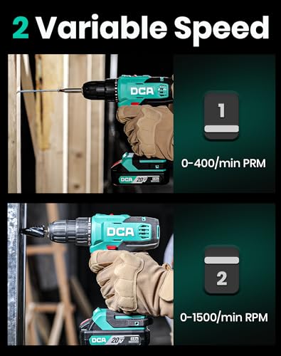 DCA Cordless Drill Set, 336 in-lbs Torque, 3/8" Keyless Chuck, Electric Power Drill with 2.0Ah Battery and Charger,18+1 Position,25-Piece 20V Drill Driver Kit, ADJZ2035 DCA