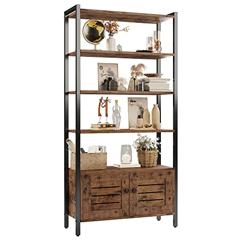 Industrial Vintage Brown Bookshelf with Louvered Doors and Adjustable Shelves - WoodArtSupply